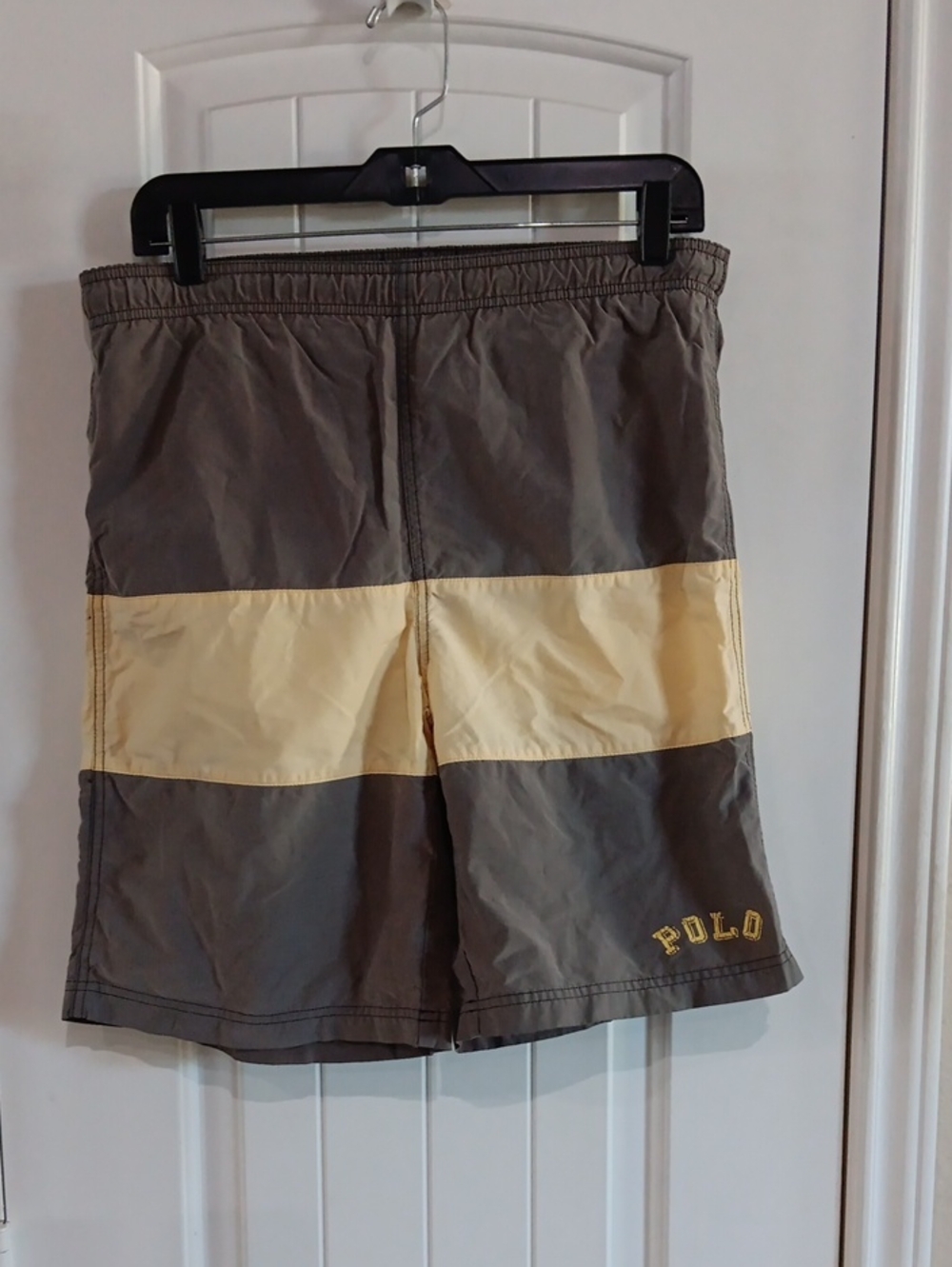 Polo Ralph Lauren Vintage Colorblock Swim Trunks Gray Yellow Varsity Logo